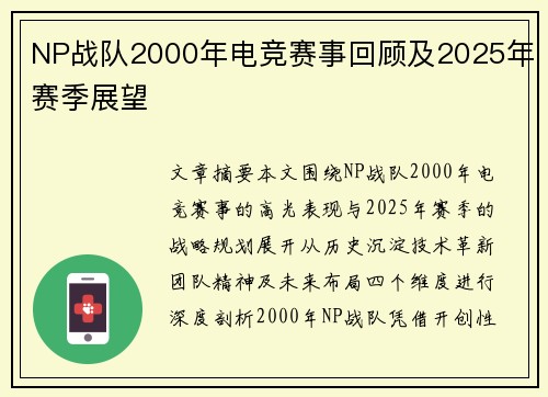NP战队2000年电竞赛事回顾及2025年赛季展望