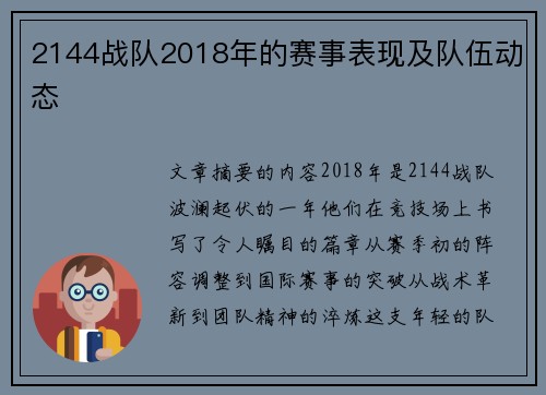 2144战队2018年的赛事表现及队伍动态